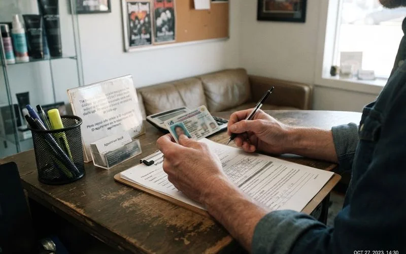 A studio reception desk with an ID check sign and consent forms laid out before an appointment