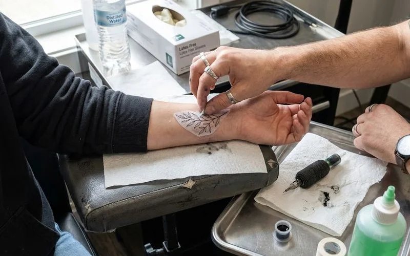 Detailed close-up of fine line linework on a forearm, showing clean thin outlines against pale skin in natural light
