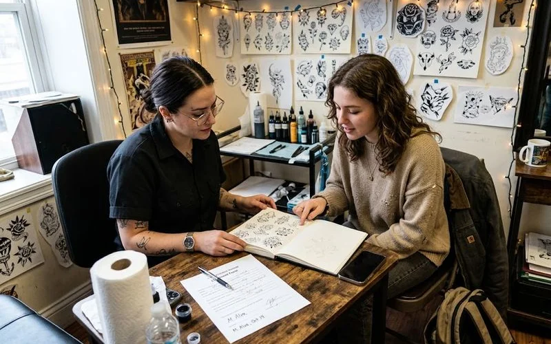 A tattoo artist and first-time client reviewing a stencil design together at a consultation desk in a clean, well-lit London studio