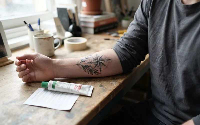 Close-up of healed tattoo linework showing smooth, evenly settled skin with no signs of raised or irritated areas