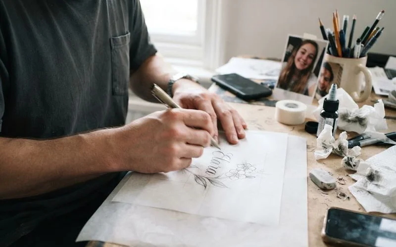 A tattoo artist carefully tracing a handwritten signature design onto stencil paper before transferring it to skin
