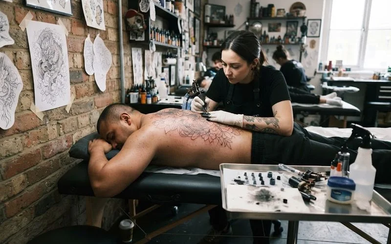 A tattoo artist working through a multi-hour shading session on a large arm piece, mid-way through a larger project