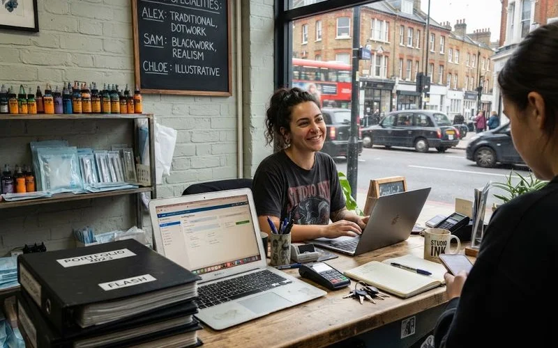 A laptop screen showing a directory listing page for a London tattoo studio with review summary panels and a Google link