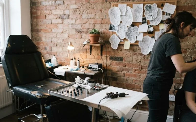 Close-up of a tattoo artist's workstation with ink caps, a machine, and a partially visible design sketch on paper