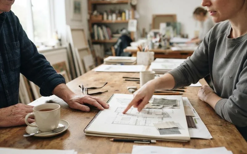 An artist consulting with an older client, reviewing a design and discussing placement in a calm, well-lit studio