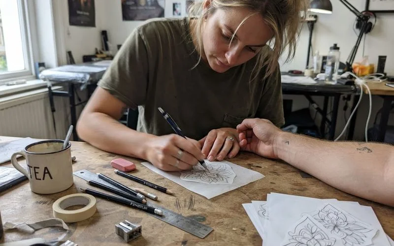 A tattoo artist sketching a custom design on paper during a consultation, with reference images spread on the table