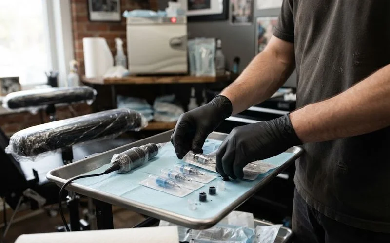 A tattoo artist opening a sealed, single-use needle cartridge in front of a client before starting a session