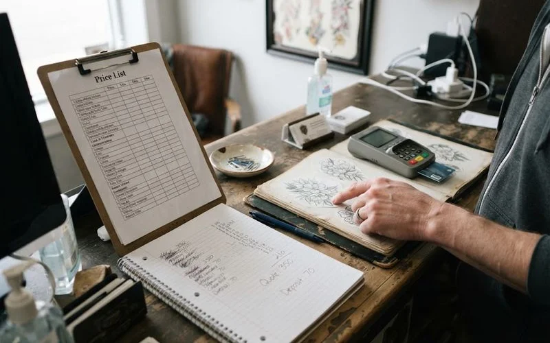 Close-up of a tattoo artist's price list and consultation notes on a clipboard next to design references in a London studio