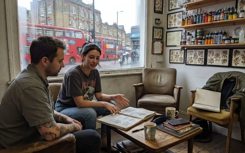 A calm, well-lit consultation area in a tattoo studio, showing an empty chair and design materials rather than an active session