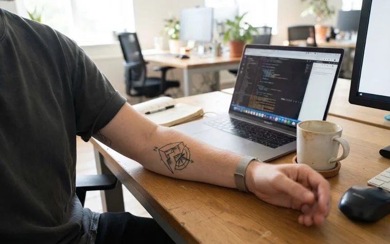 A professional in business attire with a small visible tattoo on the wrist, working at a desk in an office setting